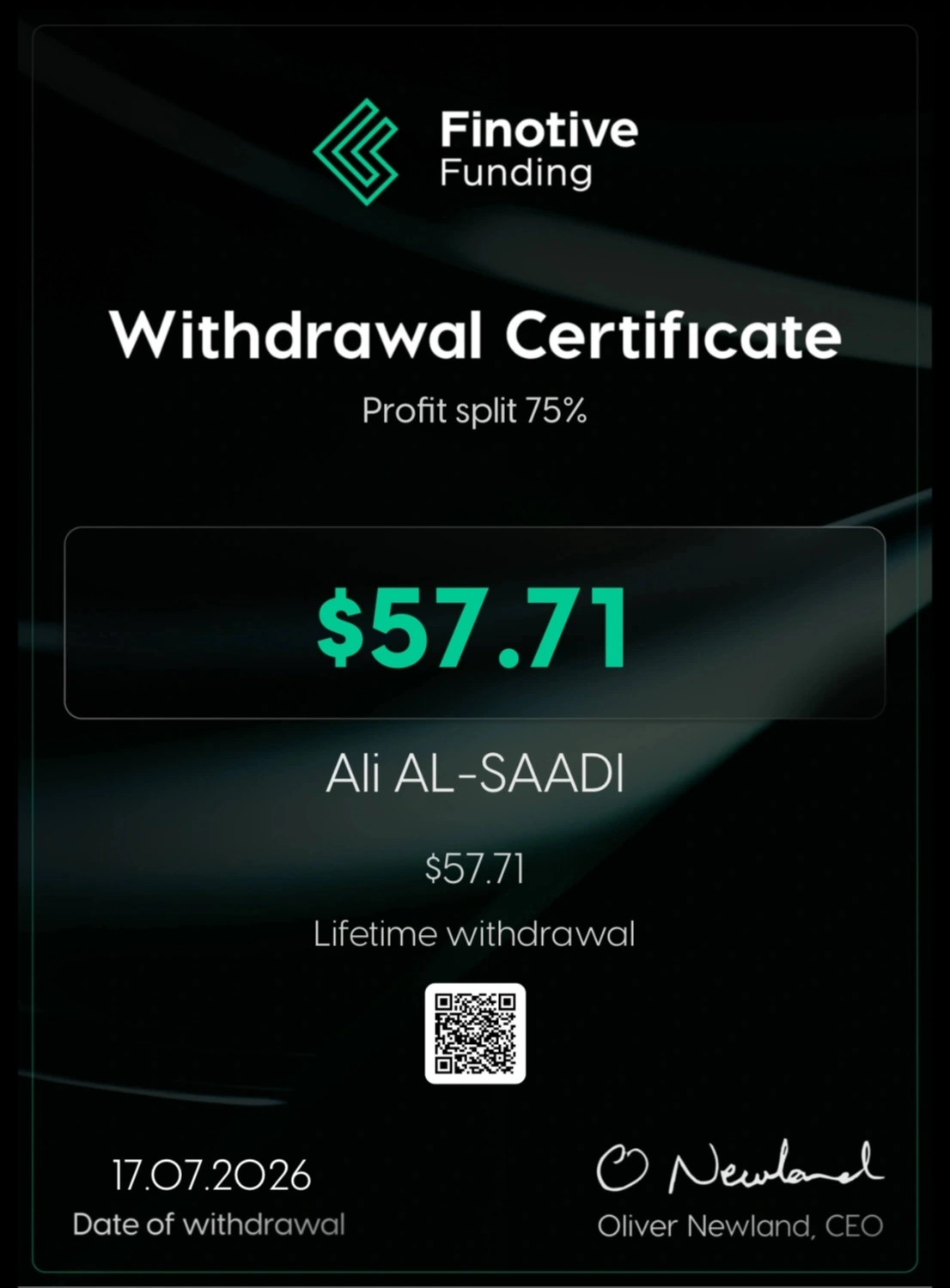 شهادة سحب من Finotive Funding