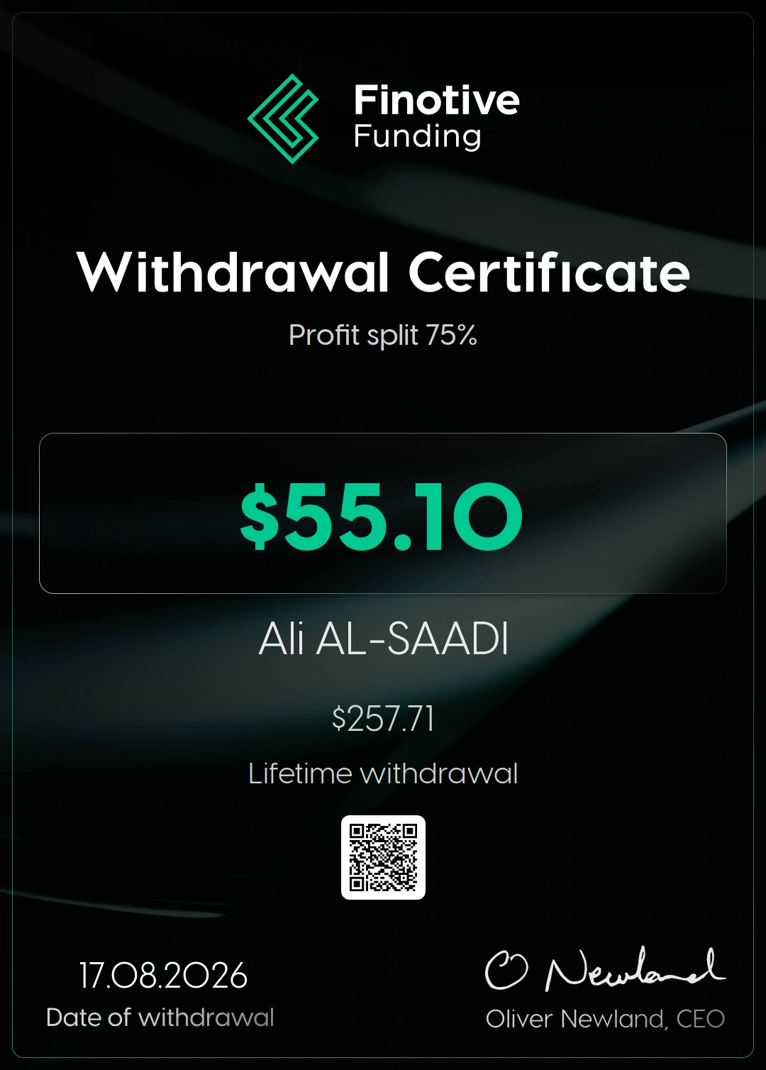 شهادة سحب من Finotive Funding